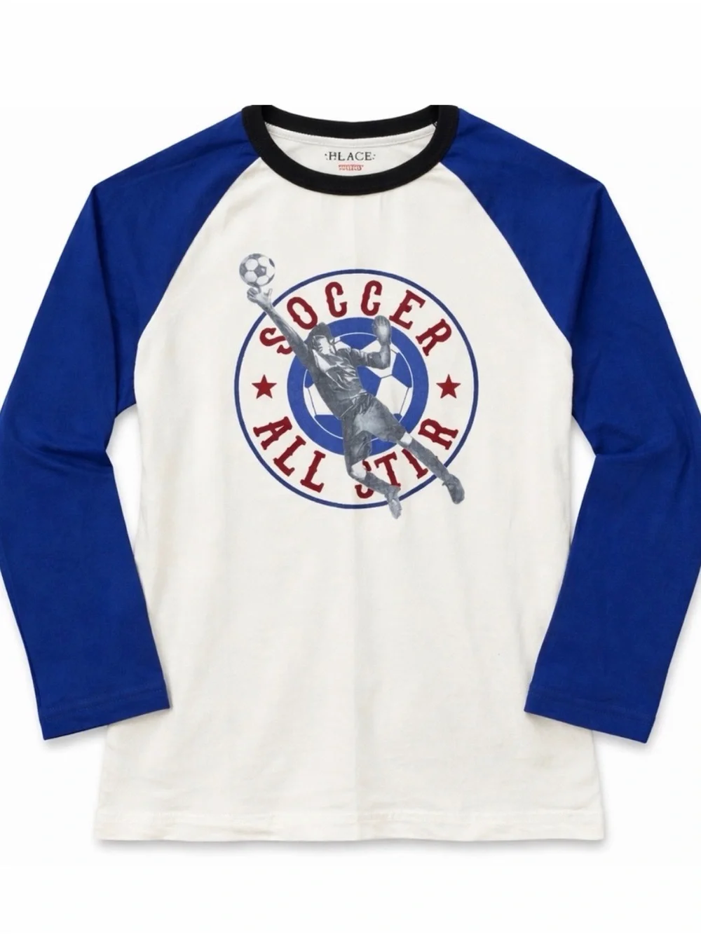 Children’s Place Boys sz 5/6 Soccer All Star Raglan Long Sleeve Shirt Blue White